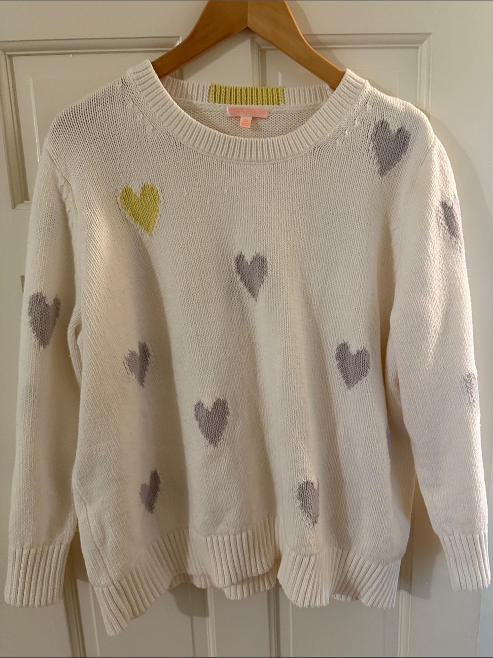 Lisa Todd Cream Crewneck Sweater with Gray and Yellow Hearts